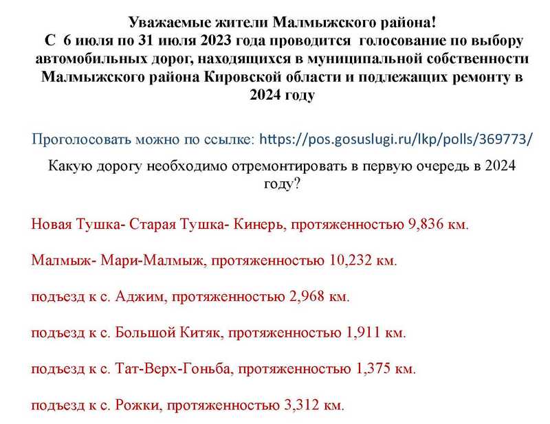 Голосование по выбору автомобильных дорог, находящихся в муниципальной собственности Малмыжского района Кировской области и подлежащих ремонту в 2024 году.